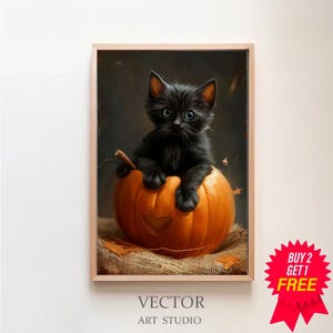 Vintage Cat Painting Halloween Print Halloween Wall Art Printable Vintage Rustic Decor Cute Black Cat in Pumpkin Halloween Painting
