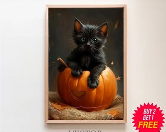 Cuadro de gato vintage, impresión de Halloween, arte de pared de Halloween, decoración rústica vintage, lindo gato negro en calabaza, cuadro de Halloween