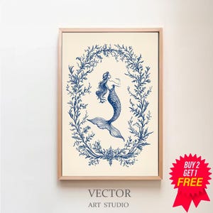 Blaue Meerjungfrau kokett, Vintage nautische Galerie Wandkunst, Küstenästhetik, antikes Wanddekor, Meerjungfrau, neutrale Kunst