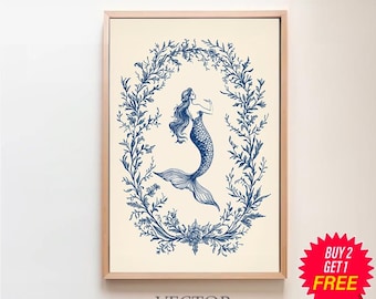 Blue Coquette Mermaid Printable, Vintage Nautical Gallery Wall Art, Coastal Aesthetic, Antique Wall Decor, Mermaid Download, Neutral Art