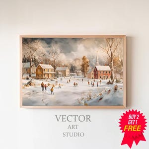 Winter Village Christmas Frame Tv Art, Neutral Small Town Painting, Christmas Decor, Digital Download