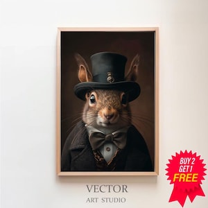 May include: A brown squirrel wearing a black top hat and a black bow tie. The squirrel is wearing a brown jacket and has a serious expression on its face. The background is a dark brown.