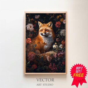Fox in Deep Magic Forest core Dark Cottagecore Academia Floral Botanical Wall Art Decor Moody Retro Oil painting Printable Digital Download