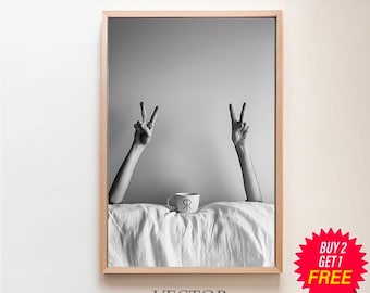 Woman Drinking Coffee in Bed Print, Feminist Poster, Black and White, Coffee Shop Decor, Dining Room Art, Digital Download, Kitchen Wall Art