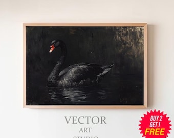 Arte imprimible de cisne negro, pintura al óleo vintage, pájaro cisne, decoración de pared victoriana, impresión de pájaro gótico, arte de pared con animales Cottagecore de Dark Academia