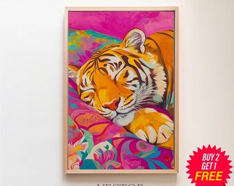 Printable Wall Art, Cute Tiger Vivid Maximalist Oil Painting, Dopamine Animal Pink Poster, Vibrant Preppy Art, Colorful Trendy Bedroom Print