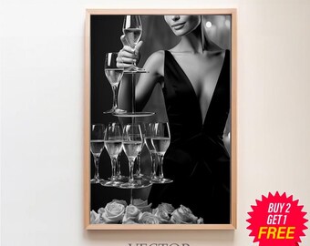 Stampa di bicchieri da champagne, bianco e nero, poster da bar vintage, download digitale, arte murale per cocktail, stampa di alcolici, stampa di carrelli da bar, decorazione da parete