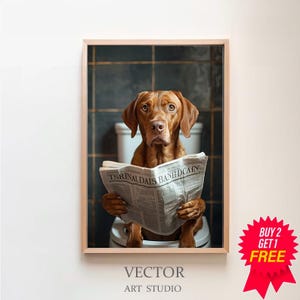 Vizsla Welpe auf der Toilette liest Zeitung, Badezimmer Poster, digitaler download, Geschenk für Hundebesitzer,Vizsla art,Funny Dog Picture