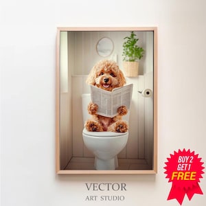 Puede incluir: Un perro marrón y blanco está sentado en un inodoro blanco, leyendo un periódico. El perro está en un baño con paredes blancas y un suelo de baldosas blancas. El perro está mirando a la cámara.