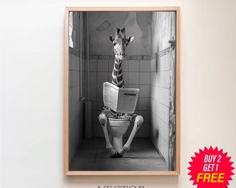 Giraffe Print, Funny Bathroom Decor, Giraffe in Toilet, Black And White Giraffe, Animal in toilet, Wall Art, Printable Digital Download