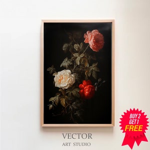 Vintage Moody Dark Flower Print, Printable Digital Art, Dark Academia Botanical Wall Art Floral Still Life Oil Painting