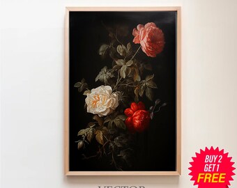 Vintage schwermütige dunkle Blumendruck, druckbare digitale Kunst, dunkle Academia botanische Wandkunst Blumenstillleben-Ölgemälde