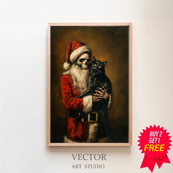 黒猫を抱くスケルトンサンタ、ゴシッククリスマス、ビンテージポスター