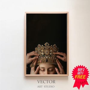 Dark Aesthetic Decor, Moody Victorian Woman Crowned Print, Baroque Wall Art, Renaissance Vintage Victorian Era Painting for Gallery Wall