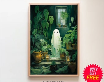 Plant Lover Ghost, Dark Academia, Vintage Poster, Art Poster Print, Haunting Ghost, Halloween Decor