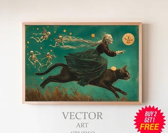 May include: A vintage-style illustration of a woman riding a black cat through the night sky. The woman is wearing a long black dress and has long white hair. The cat is flying with its wings spread out. There are small skeletons flying around them, and the background is a dark blue with stars.