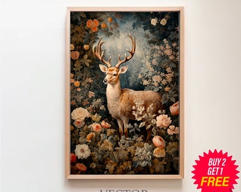 William Morris Inspired Deer Art Print, Nature Wall Art, Nature Prints, Kitchen Large Wall Art Canvas, Animal Prints, Forest Wall Art