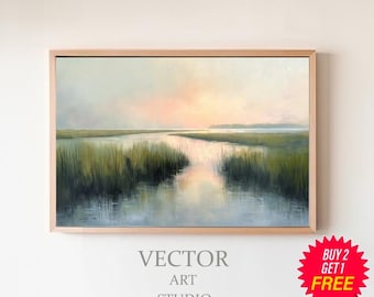 Colorful Wetlands Sunset Painting | Coastal Marsh Landscape Wall Art Print | Summer Sunset Digital Download | Pastel Beach House Printable