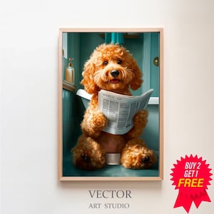 Cockapoo auf der Toilette und liest Zeitung, Badezimmer Ideen Bilder ,Funny Dog Picture, Eirichtung Ideen Badezimmer Poster, Wanddeko Bild