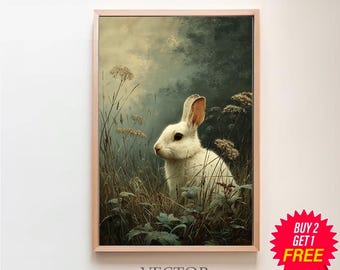 Dark Academia White Bunny Painting | Moody Vintage Hare Art Print | Woodland Animal Digital Decor