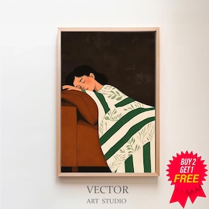 Emerald Green Abstract People Large Wall Art Contemporary Artwork Minimalist Print Living Room Wall Art Digital Download Stripe Woman Print