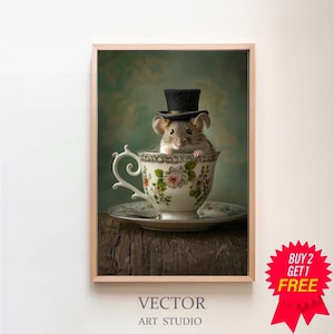 Mouse in A Tea Cup Oil Painting, Mouse in Top Hat, Mouse Decor, Funny Kitchen Wall Art, Dark Humor Whimsical Art, Funny Animal Art