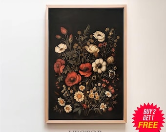 Dark Cottagecore Wall Art, Moody Vintage Floral Print, Living Room & Housewarming Gift, Dark Academia Decor