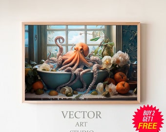 Octopus in the Bathtub Oil Painting, Funny Bathroom Wall Art, Octopus Wall Art, Animal in Bathtub, Dark Humor, Whimsy Animal Art