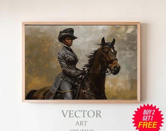 Vintage vrouw te paard | Afdrukbare kunst | Paard en ruiter | Paardensportdecoratie | Digitale download | Olieverfschilderij