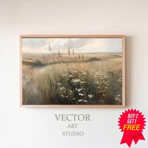 Printable Wildflower Field Landscape Oil Painting, Vintage Farm House Decor, Oil Painting Printable, Moody Field Landscape