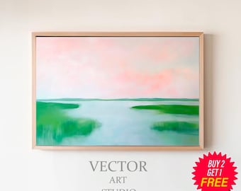 Pink Marsh Sunset Landscape Painting | Pastel Lowcountry Coastal Watercolor Wall Art Print Digital Download | Carolina Beach House Printable