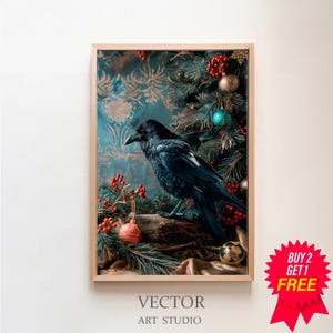 Christmas Raven, Vintage Poster, Art Poster Print, Dark Academia, Gothic Victorian Crow, Gothic Christmas, Christmas Wall Art