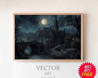 Antique Dark Academia Kunstwerk Gothic Malerei Witchy Art Draculas Schloss druckbare Wandkunst Geschenk für Vampirfans Fantasy Horror Malerei