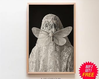 Veiled Woman Moth Art, Gothic Art Witchy Aesthetic, Dark Academia, Occult Poster Gothic Decor, Moody Wall Art, Dark Romance, Halloween Art