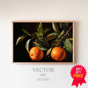 Impresión de frutas de color naranja y melancólico, pintura al óleo vintage de naturaleza muerta con cítricos, arte imprimible de árbol de naranjas oscuras con decoración rústica de granja, arte de pared para cocina