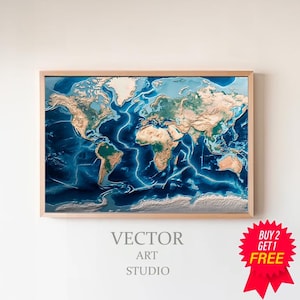 Carte du fond de l'océan, impression scientifique, carte vintage, décoration murale de l'océan, cadeau d'art géologie pour le bureau, téléchargement numérique