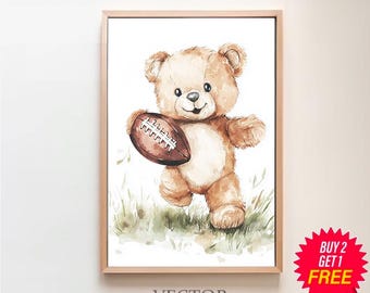 Teddy Bear Playing Football Art Print Football Nursery Bear Art Kids Room Art by Bespoke Littles Nursery Football Decor Nursery Sports Art
