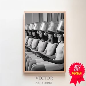 Ladies at Hair Salon Wall Art, Vintage Beauty Salon Decor, Black and White Print, Retro Hairstylist Wall Decor, 1960s Vintage Poster