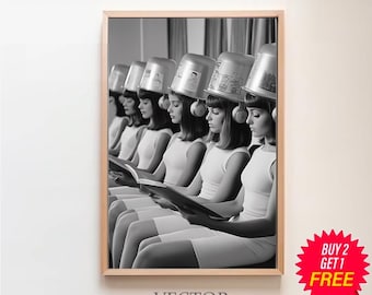 Ladies at Hair Salon Wall Art, Vintage Beauty Salon Decor, Black and White Print, Retro Hairstylist Wall Decor, 1960s Vintage Poster