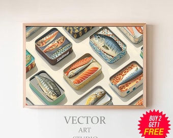 Horizontal Sardine Set Print, Kitchen Wall Art, Sardines Tin Print, Dining Room Decor, Retro Food Art, Anchovy Print, Retro Kitchen Decor