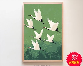 Kraniche im Flug auf Smaragdgrün, Japandi digitaler Download, Smaragdkunst, Japandi Dekor, Boho Vogel Kunst, grüne Kunst, Kranich Wandkunst