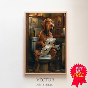 Vizsla auf der Toilette und liest Zeitung, Badezimmer Bilder, Digitaler Download, Vizsla Geschenk, Einrichtung Badezimmer, Funny Dog Picture