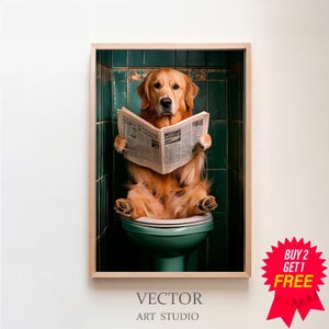 Golden Retriever auf der Toilette und liest Zeitung, Badezimmer Bilder, Badezimmer Deko, Haustier Geschenk, Pets Gifts, Funny Dog Picture