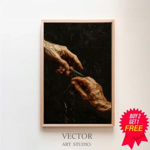 Puede incluir: Una pintura de dos manos que se acercan, sosteniendo un objeto delgado y plateado. Las manos están representadas de forma realista, con arrugas y venas detalladas. El fondo es una superficie oscura y texturizada.