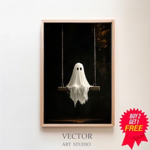 Ghost On The Swing Poster, Sheeted Ghost Art Print, Cute Little Ghost Face Spooky Gothic Printable, Dark Academia Room Decor, Abandoned Art