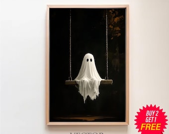 Ghost On The Swing Poster, Sheeted Ghost Art Print, Cute Little Ghost Face Spooky Gothic Printable, Dark Academia Room Decor, Abandoned Art
