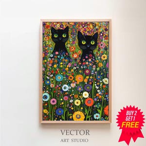 Gustav Klimt Cottage Garden Cat Print, Klimt Flowers Cat Poster, Black Cat Art, bloemenprint, grappige kat print, digitaal bestand, grappig cadeau