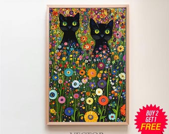 クリムトのガーデンキャットアートプリント：面白い黒猫の花柄ウォール