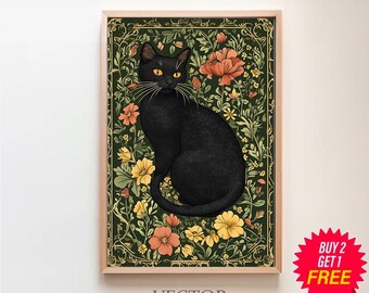 ラファエル作「ステンドグラスの黒猫」 - デジタルアートプリント