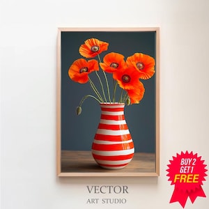 Flower Vase Red Printable Art Striped Wall Art Orange Abstract Botanical Floral Illustration Botanical Poster Abstract Art Digital Download